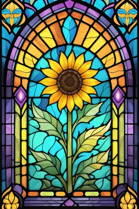 2d stained glass soft,pastel colors,sunflower in window frame. dungeons and dragons art. symmetrical design, in the style of sta...