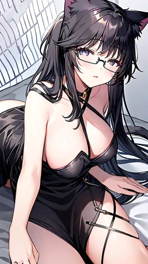 A 20-year-old cat girl with long black hair, gray eyes, cat ears and a cat tail, wears glasses, black  long dresses sexy, sleeveless