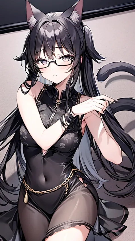 A 20-year-old cat girl with long black hair, gray eyes, cat ears and a cat tail, wears glasses, black  long dresses sexy, sleeveless