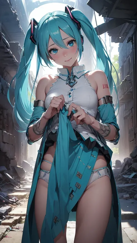 (La Best Quality,A high resolution,Ultra - detailed,actual),Hatsune Miku, smiling , view from bottom to top, (skirt lifted by itself: 1.1), (skirt lift: 1.3), (showing white panties: 1.3), ,(Ruined dungeon ruins background:1.4 ), (perfect anatomy :1.4), (c...