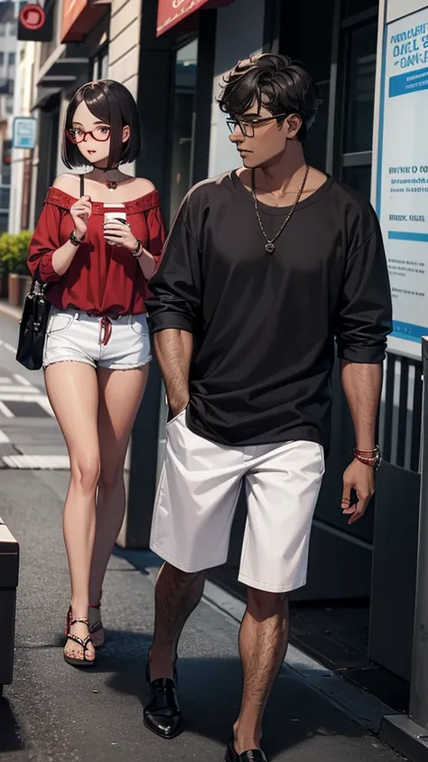  with red over-the-shoulder Chanel hair who wears glasses with a loose blouse and shorts and a dark-skinned male friend who wears glasses, low hair with everyday clothes