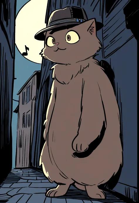 Mike, the cat detective, with wide eyes and raised fur, stands alert in a dark alley under the light of a full moon. The cats soft brown fur and brown detective hat are clearly visible. The background shows a mysterious town with shadows cast by old buildi...