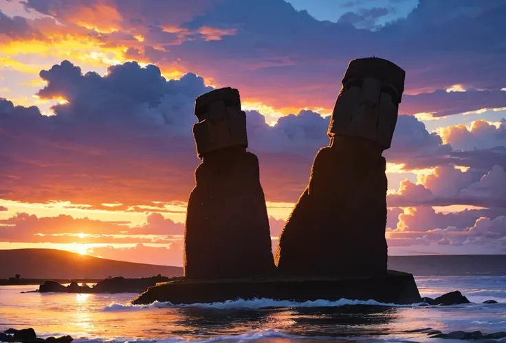 loose watercolor painting RapaNui at Easter island under sunset