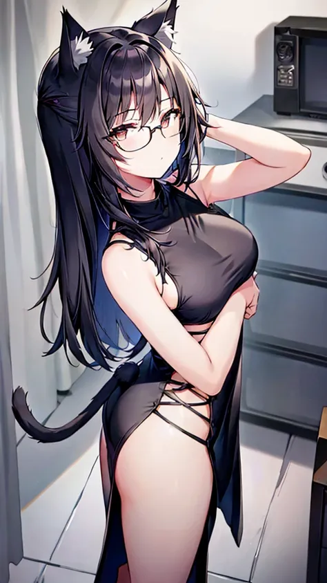 A 20-year-old cat girl with long black hair, gray eyes, cat ears and a cat tail, wears glasses, black  long dresses sexy, sleeveless