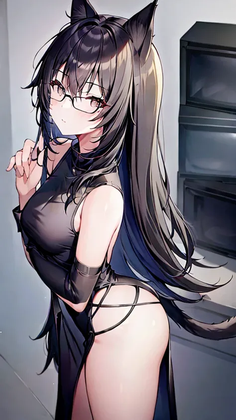 A 20-year-old cat girl with long black hair, gray eyes, cat ears and a cat tail, wears glasses, black  long dresses sexy, sleeveless