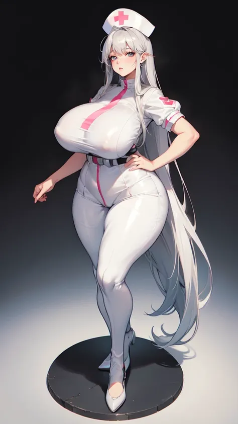 ((blank background)), masterpiece, best quality, silver hair, (massive breast:1), ((full body framing)), symmetry, nurse woman, nurse uniform, nurse cap, long pants, ((curvy)), wide hips thick thighs