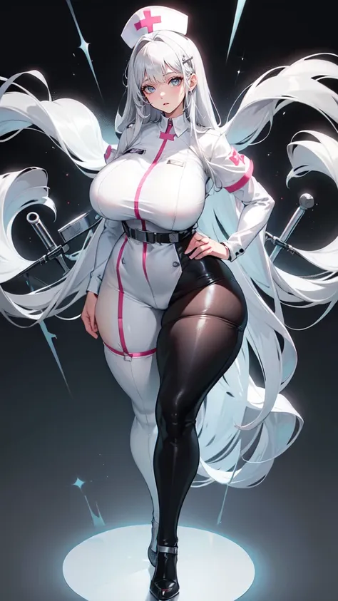 ((blank background)), masterpiece, best quality, silver hair, (massive breast:1), ((full body framing)), symmetry, nurse woman, ...