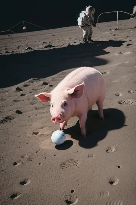 A pig playing ball on the moon