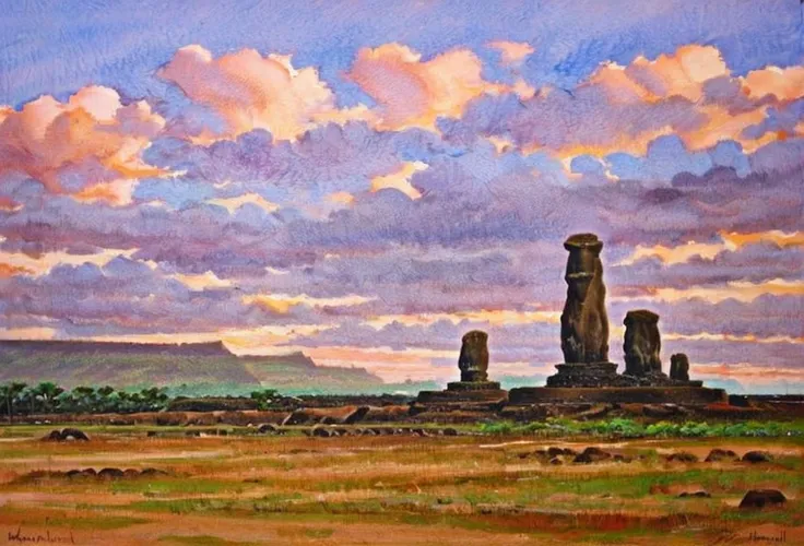 loose watercolor painting RapaNui at Easter island under sunset