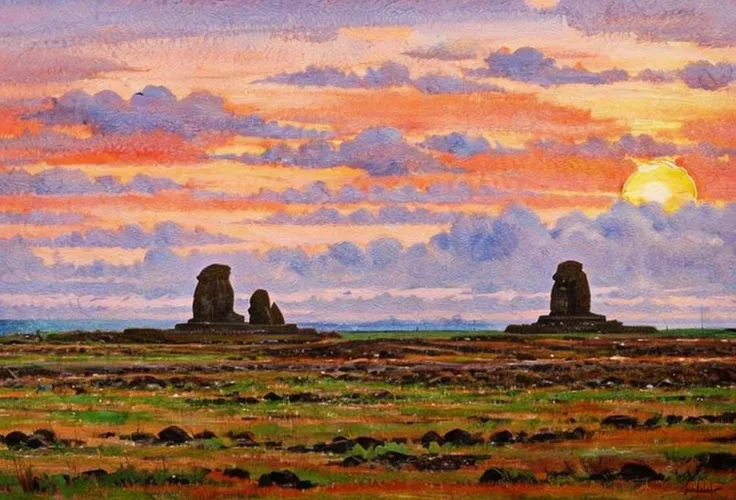 loose watercolor painting RapaNui at Easter island under sunset