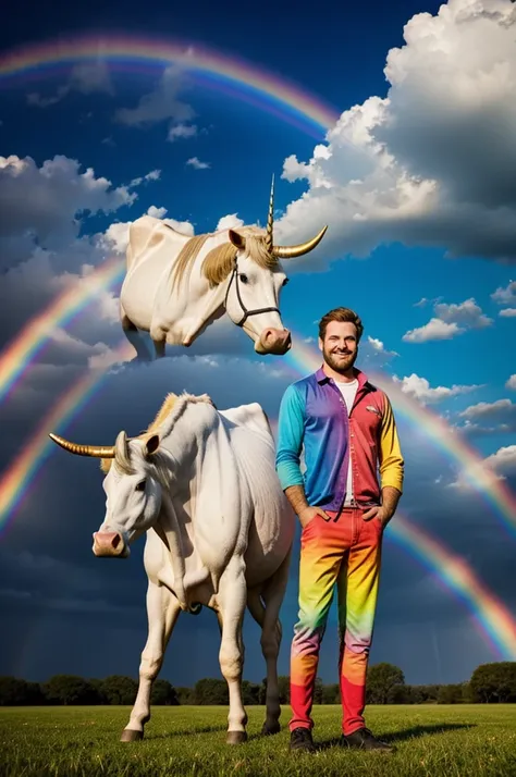 A half unicorn and half cow man posing on a rainbow 
