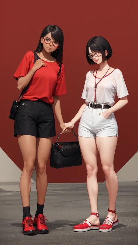  with red over-the-shoulder Chanel hair who wears glasses with a loose blouse and shorts and a dark-skinned male friend who wears glasses, low hair with everyday clothes