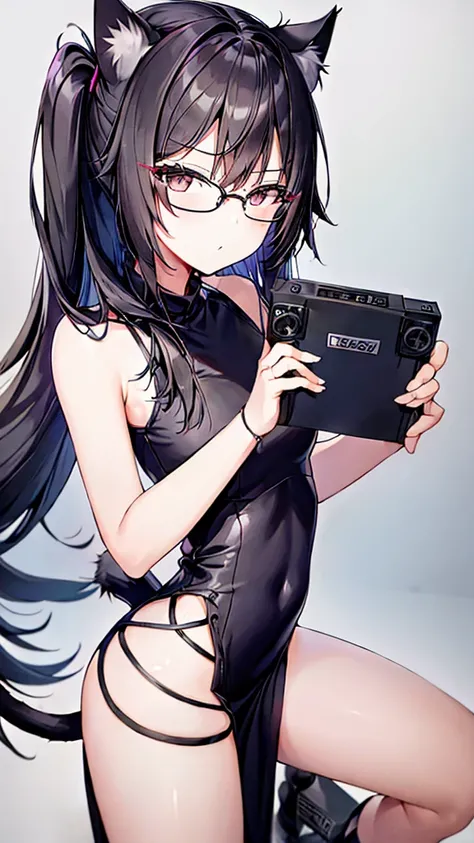 A 20-year-old cat girl with long black hair, gray eyes, cat ears and a cat tail, wears glasses, black  long dresses sexy, sleeveless, โชว์ไหล่