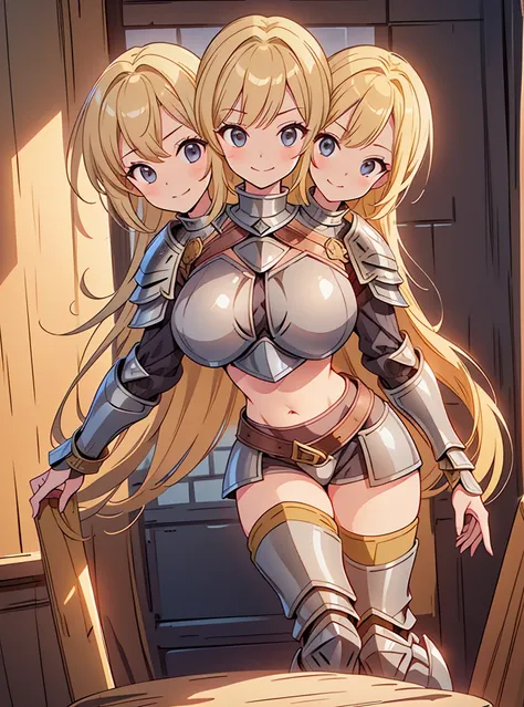 (masterpiece),(ultra-detailed), (high quality), (high resolution), (best quality:1.5, highres, UHD), highres, absurdo, ultra detail, ultra quality, (2heads:1.5), 1girl, ((golden blonde hair)), thighs, (gray armor), female warrior, (open belly), (open breas...