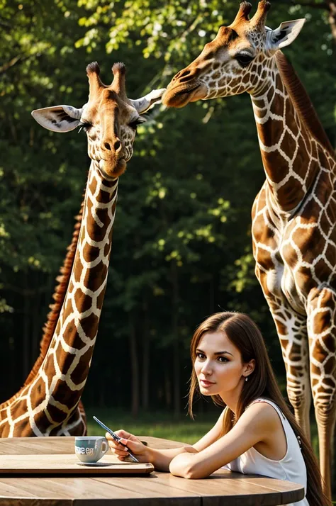 Woman with very long neck sitting at a table, next to her stands a giraffe, long neck, Anna Nikonova alias Newmilky, real realistic picture, Portrait shot, attractive girl, photo taken with nikon d750, realistic art.