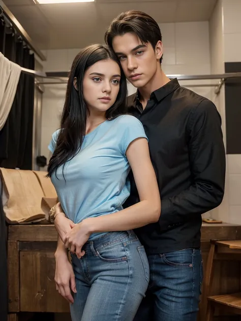 The boy has a handsome face, symmetrical face, symmetrical eyes. Short black hair, sky blue eyes. Open black shirt and jeans. Hes taller than the girl. He huges her. He looks at the viewer