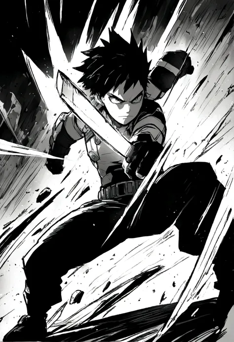 my hero academia character, male, in combat, action shot, high contrast