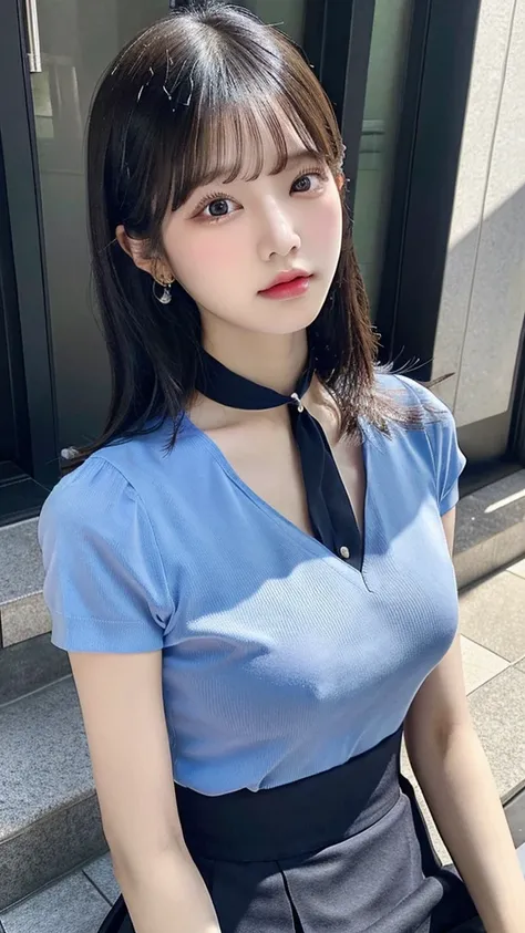 Blackpink&#39;s Kim Jennie with black hair, pale skin, japanese, con cara de doll, large eyes, fat and round lips, ojos de doll (doll), with black eyes, big chest.
blue shirt, thin straps, prominent neckline and big chest.
Black hair Sitting with view from...