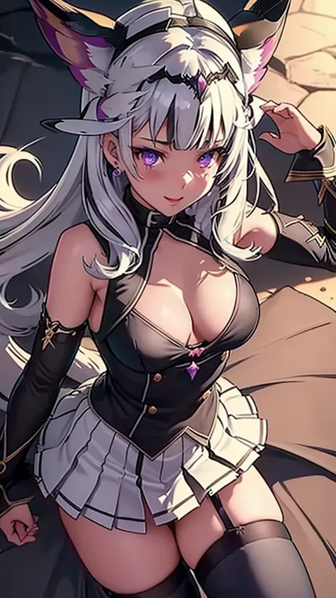 masterpiece, best quality, 1 solo girl, white hair, purple eyes, medium hair, medium breasts, sexy body and face, wavy hair, smile, black socks, brown bow, knee-highs, long sleeves, open bra, open panty, parted lips, pink pleated skirt, puffy long sleeves,...