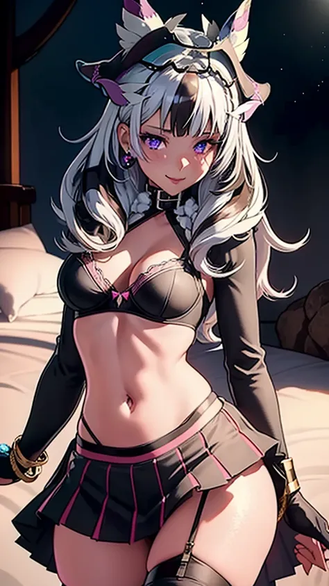 masterpiece, best quality, 1 solo girl, white hair, purple eyes, medium hair, medium breasts, sexy body and face, wavy hair, smile, black socks, brown bow, knee-highs, long sleeves, open bra, open panty, parted lips, pink pleated skirt, puffy long sleeves,...