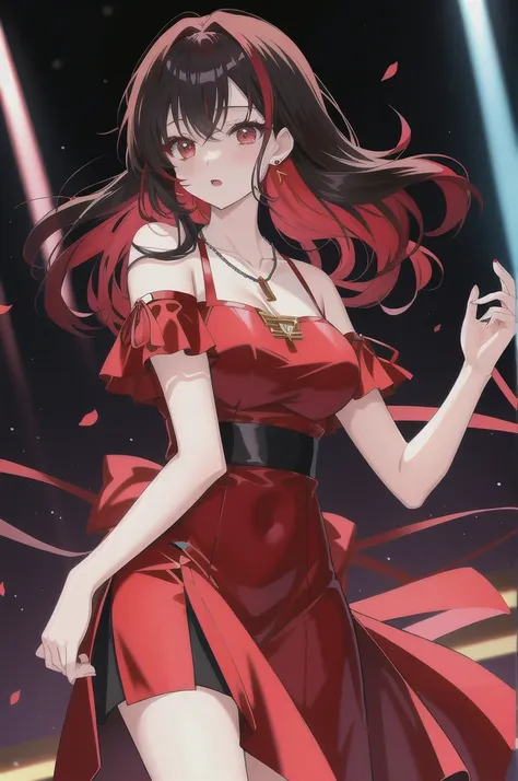 anime panel,upper body, 1girl,solo Korean, long black curly hair with red highlights, red slanted eyes, casual clothes, ear piercing, necklace, hair illuminated by party lights, party background, chic dress,