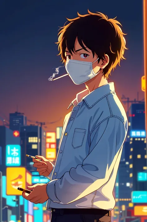 masterpiece, Highest quality, One boy,Smoking a cigarette、４ｋ、 City Pop, Akira, Kyoto Animation, night, Neon Light, View your viewers, Worried look, Vector illustration, Masked, 80&#39;s clothing, short hair, 80&#39;s, Synthwave, Abstract background with sh...