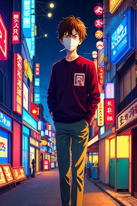 masterpiece, Highest quality, One boy,Smoking a cigarette、４ｋ、 City Pop, Akira, Kyoto Animation, night, Neon Light, View your viewers, Worried look, Vector illustration, Masked, 80&#39;s clothing, short hair, 80&#39;s, Synthwave, Abstract background with sh...