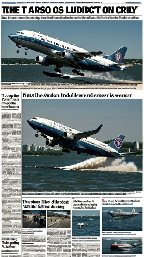 A newspaper highlighting key moments: ‘Miracle on the Hudson,’ ‘Heroic Landing,’ ‘All 155 Survived,’ ‘Captain Sully’s Bravery lands flight safety 