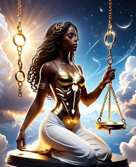 A glowing golden libra scale suspended in the sky among the clouds, with a black woman sitting in a meditation pose on the left scale of the libra scale and a mechanical heart sitting on the right scale of the libra scale, the weights imbalanced, a beautif...