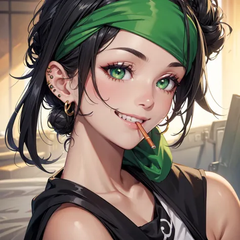 close up, black bun hair, bandana on head, nose ring piercing, smile, cigarette in mouth, bright green eyes