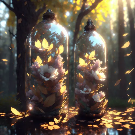 dreamlike art world in a bottle, fluffy, realistic, photo, canon, dreamlike, art, colorful leaves and branches with flowers on top of its head. hyperdetailed photorealism by greg rutkowski - h 1024 w 804 | f 1 6 lens mark 2:2 s 3555 mm film grain :1 lifeli...