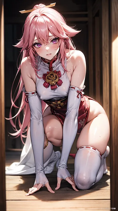 One Girl， （Urzan-6500：0.7）， K-POPアイドル， yae miko， ， Exposed bare shoulders， Pink Hair， Long white hair， Japanese Clothing， The best quality in the best condition， （da pintura：1.5）， （hair ornaments：1.35）， gem， Purple eyes， 耳Nipple Ring， ， Written boundary de...