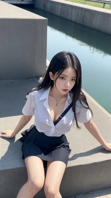 Blackpink&#39;s Kim Jennie with black hair, pale skin, japanese, con cara de doll, large eyes, fat and round lips, ojos de doll (doll), with black eyes, big chest.
blue shirt, thin straps, prominent neckline and big chest.
Black hair Sitting with view from...