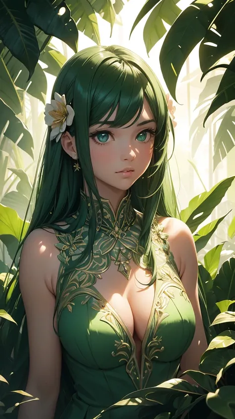 masterpiece，Highest quality，Highest quality，Beautiful and beautiful，Realistic，Full Shot，A beautiful girl the size of a flower, Flower spirits in human form，Sharp focus，Beautiful Eyes，Between the leaves，(Chiaroscuro:1.4)，Ultra-realistic，attractive，Soft emer...