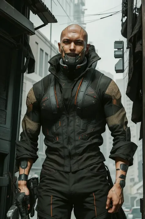 tall athletic and fit man, cyber_mark, cybernetic_jawless, mechanical parts, cybernetic, urban techwear, techwear, cyberpunk, ta...