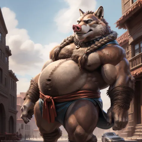 Zootopia Pig Shonen Anime style, full body image, Casual, neighborhood style, big obese Kid (very Hairy), in Zootopia toga clothes, He is a huge obese Sumo in huge obese weight gain process, detailed face, detailed eyes, detailed nose, defined face, big be...