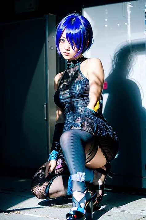  Character decals,cute girl alone, short blue-purple hair with a bang covering one eye, whole body,16 year, (chibi genre), blue spaghetti strap dress, black fishnet tights,heeled shoes, serious face,rendered at 6K resolution.,soft shadows,Black background ...