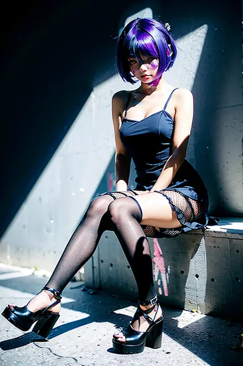  Character decals,cute girl alone, short blue-purple hair with a bang covering one eye, whole body,16 year, (chibi genre), blue spaghetti strap dress, black fishnet tights,heeled shoes, serious face,rendered at 6K resolution.,soft shadows,Black background ...