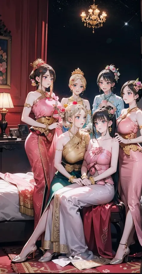 group of 5 princesses,(5 young women,many young women), (in the bedroom), various hair styles, harem, wearing a strapless thai d...