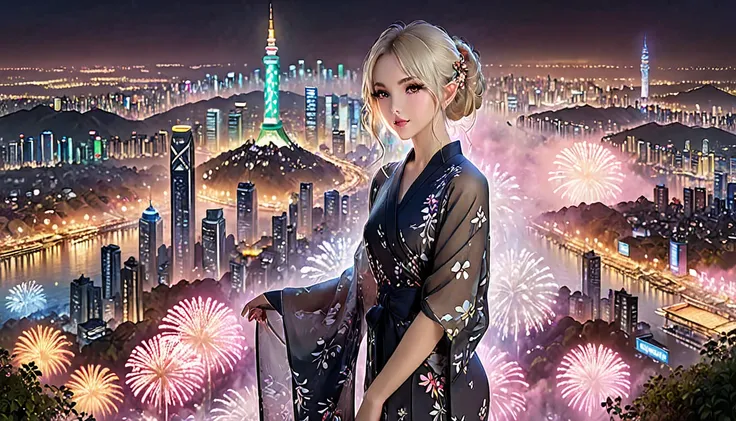 fireworks、an elf woman wearing a yukata in the center of the screen、beautiful face、beautiful eyes、long eyelashes、whole body、blon...