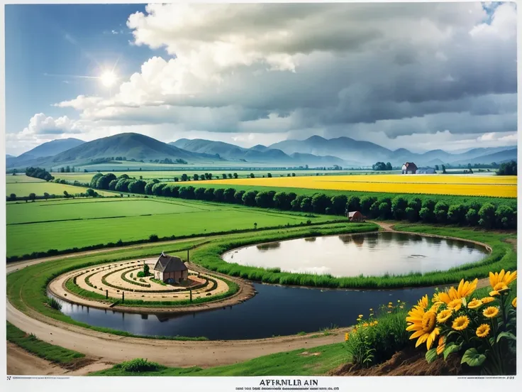 "illustration of a farm scene with a windmill on the left, barn on right, hills in the middle, cloud, the sun smiled, and rainbo...