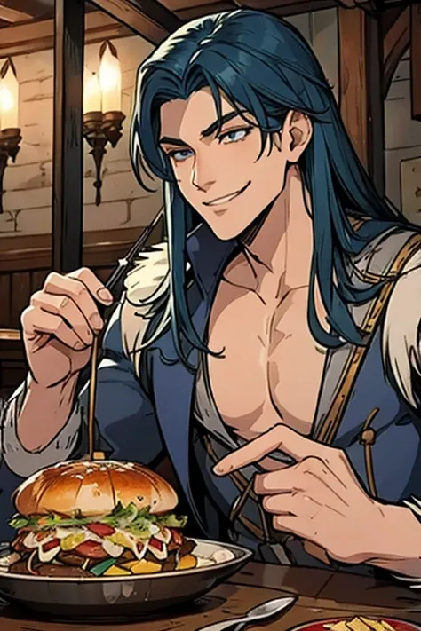 A muscular blue haired man with gray eyes and long hair in a pirates outfit is  eating dinner at a tavern with a big smile. 