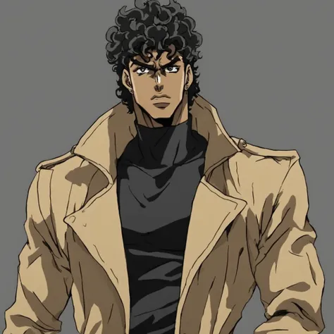 jojo style, jojo's bizarre adventure, tall male, trench coat, anime, dark skinned, wavy hair, black sweatshirt, marked jaw