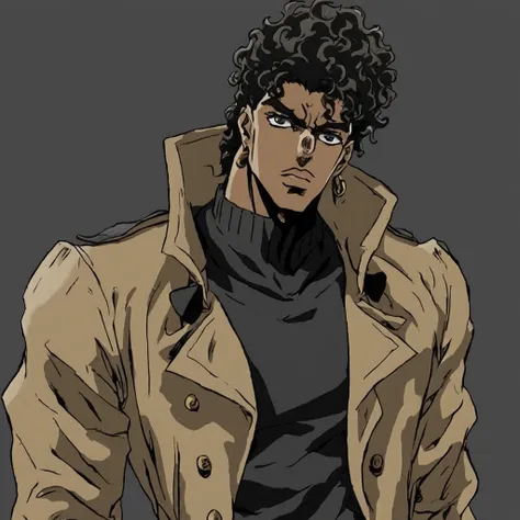 jojo style, jojo's bizarre adventure, tall male, trench coat, anime, dark skinned, wavy hair, black sweatshirt, marked jaw