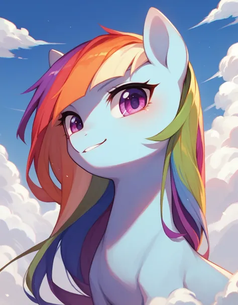 lindoestilo,revuelto, 1 girl pony, solo, violet eyes, rainbow color long hair, clouds, long hair, arco,
,<lora:lindo_estilo_poni...