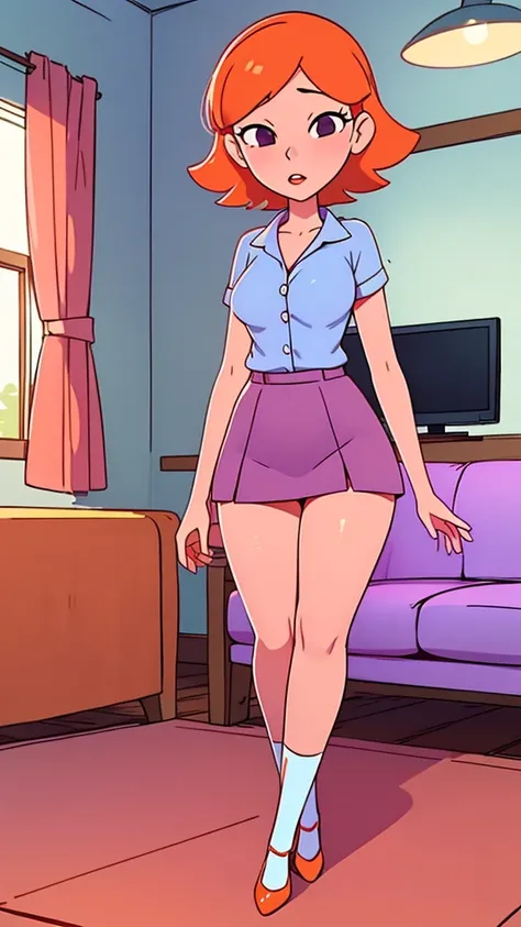  a teenage girl sexy attractive beautiful cool popular short orange hair disheveled cut light red lip wears long light blue button shirt sensual curves and a short purple miniskirt pair short blue socks legs white heel she walking living room class