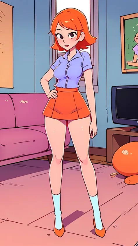  a teenage girl sexy attractive beautiful cool popular short orange hair disheveled cut light red lip wears long light blue button shirt sensual curves and a short purple miniskirt pair short blue socks legs white heel she walking living room class