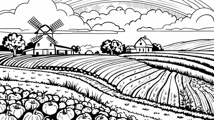 "illustration of a farm scene with a windmill on the left, barn on right, hills in the middle, cloud, the sun smiled, and rainbo...