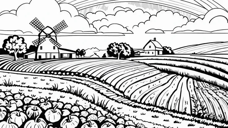 "illustration of a farm scene with a windmill on the left, barn on right, hills in the middle, cloud, the sun smiled, and rainbo...