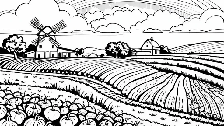 "illustration of a farm scene with a windmill on the left, barn on right, hills in the middle, cloud, the sun smiled, and rainbo...